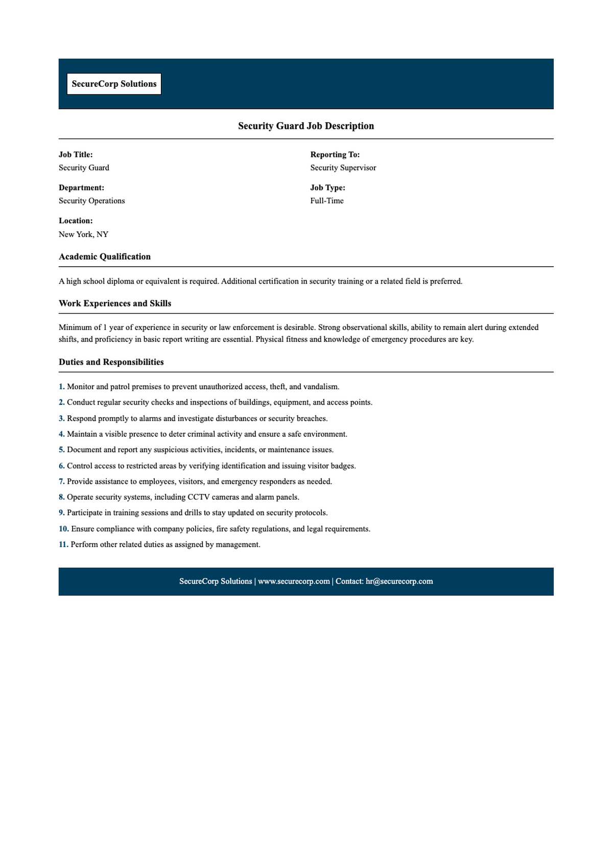 Security Guard Job Description Document for ABCD Company Limited with Duties Responsibilities and_variant_1